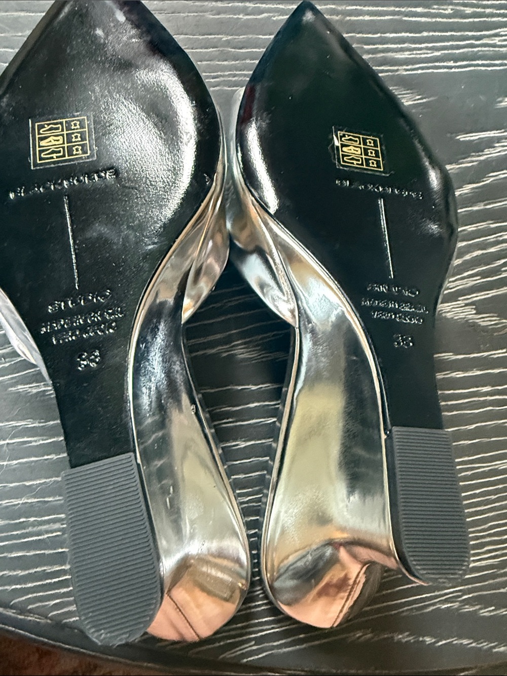 Black Sued Studio Metallic Silver Maeva Mules Wedge Sandals Pointy Toe Sz 38 - Picture 11 of 14